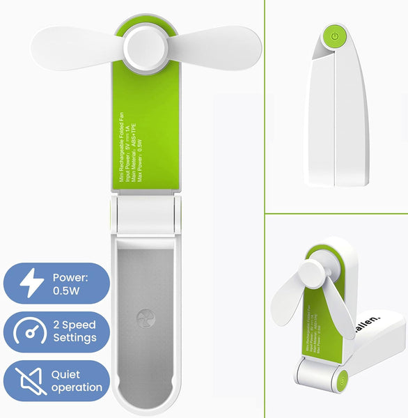 Schallen Portable Mini Folding Pocket Fan USB Rechargeable Electric Handheld Desk Fan Foldable Travel Cooling Fan with Quiet Motor Soft Blades Safe Design Lightweight Personal Fan for Home Office Desk Travel Camping Commuting Summer Cooling Fan (White Gre