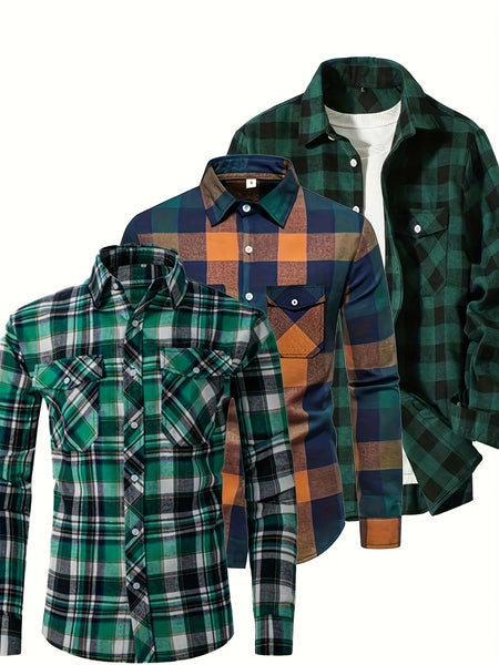 3 Men'S Plaid Shirt Top Lapel Long Sleeve Closure Men'S Casual Shirt Suitable for Men'S Daily Holiday Street Wear Casual Plaid Shirt Four Seasons Fashion Comfortable Fit Red, Blue And Black 3-Color Combination Pc Button Collar Chest Pocket