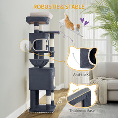 HZUANERI 180cm Multi-Level Cat Tree with 8 Scratching Posts, 3 Platforms, 2 Dens, Basket & Plush Balls - Durable Sisal Rope for Indoor Cats of All Sizes, Space-Saving Design for Climbing, Resting & Play, Cat Climbing Tower, Pet Activity Center, Modern Pet