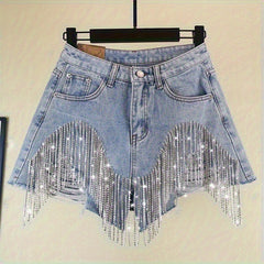 Fashionable Ladies' Shorts, Featuring Worn-out Fringed Chains and Charming Designs.
