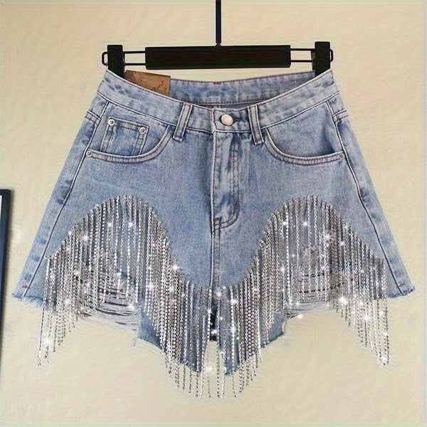 Fashionable Ladies' Shorts, Featuring Worn-out Fringed Chains and Charming Designs.