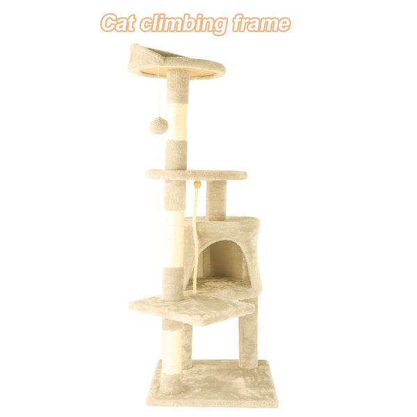A Luxurious Beige Cat Tree, Super Large And Four Stories High, Featuring a Scratching Post, a Hanging Ball, And a Snug Little House. an Ideal Present for Indoor Cats, This Cat Tower Includes a Litter Area And a Scratching Board