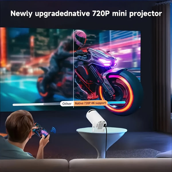 A Compact Projector That Can Decode 4K Videos, Has a Local Resolution of 720P, And Features Wireless And Wireless 5.2 Connectivity. This Portable Device Includes Automatic Vertical Keystone Correction And a Stand That Can Rotate 180 Degrees