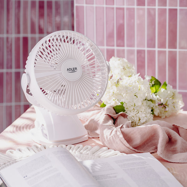 Desk fan with clip, rechargeable, 15.5 cm, 360° rotation, USB-C, Adler