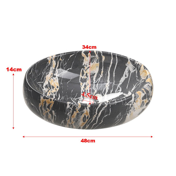 1pc Countertop Bathroom Sink, Black Marble Texture Oval Ceramic Wash Basin, Porcelain Ceramic Vessel Vanity Sink for Vanity Cabinet Cloakroom, Laundry Room, Bathroom, Washroom, 48x34x14cm