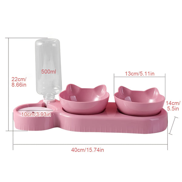 A 3-In-1 Pet Bowl That Includes a Cat Bowl, Spoon, And Cup, Available Locally for Food And Water. This Triple Cat Bowl Features a Plastic Raised Dish And an Automatic Water Bottle