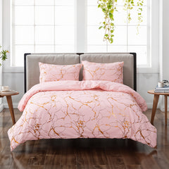 1set Pink High-end Bronzing Gilt Marble Bed Duvet Cover and Pillowcase Set, Soft and Comfortable Bedding Three-piece Set for All Seasons, 200*200cm / 220*230cm