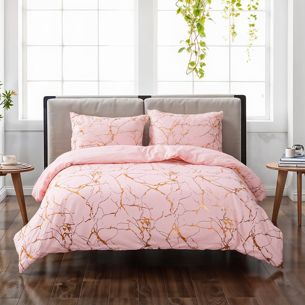 1set Pink High-end Bronzing Gilt Marble Bed Duvet Cover and Pillowcase Set, Soft and Comfortable Bedding Three-piece Set for All Seasons, 200*200cm / 220*230cm