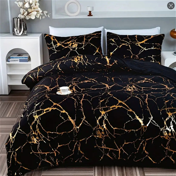 Gold Marble Print Quilt Cover and Pillowcase Bedding Set, Light Luxury High-end Creative Design Bedding Three-piece Set, 2 Pillowcases and 1 Quilt Cover, Soft and Comfortable Bed Three-piece Set for All Seasons, Black