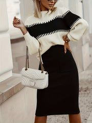 High Neck Pullover Skirt Split Two-Piece Color Block Contrast Thick Long Sleeve Sweater Set, Winter Wardrobe, Elegant Style, Color Block Design, Thick Fabric, Pullover Top, Long Sleeve Skirt, Women'S Fashion, Office Wear