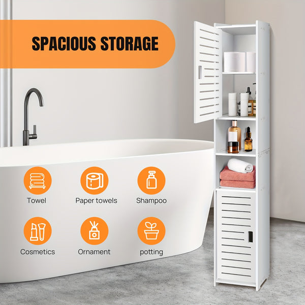 White Freestanding Tall Cabinet for The Bathroom, Featuring a 5-Tier Storage Design with 2 Doors, Ideal for Saving Space, Measuring 116CM.
