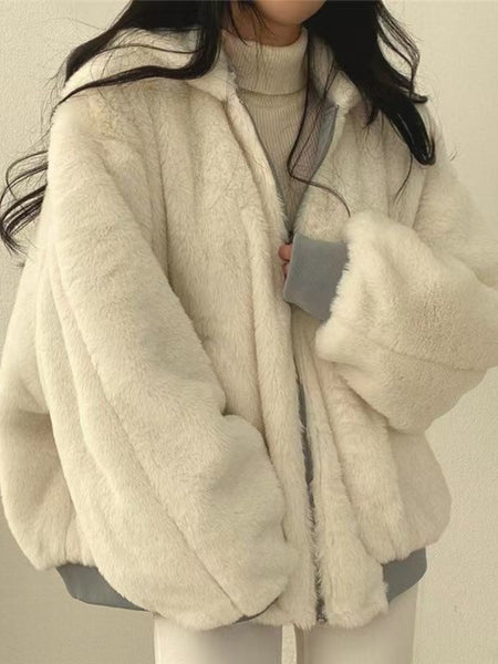 Women's Winter Double-Sided Plush Padded Jacket with Hood & Pockets - Thickened Lamb Outer Coat, Zipper Closure, Solid Color Casual Sweater for Cold Weather (No elastic fabric)