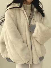 Women's Winter Double-Sided Plush Padded Jacket with Hood & Pockets - Thickened Lamb Outer Coat, Zipper Closure, Solid Color Casual Sweater for Cold Weather (No elastic fabric)
