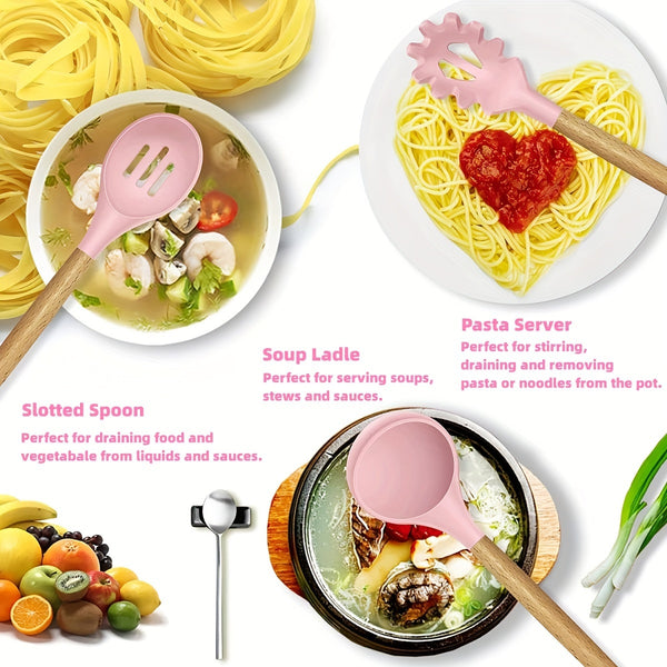 12pcs Silicone Cooking Utensil Set, Non- Stick Tools with Wooden Handles, Includes Storage Box, Kitchen Essentials, Ideal Gift for Mother, Wife, Pink