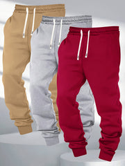 Three-pc Men's Solid Color Plain Elastic Waistband Drawstring Ribbed Cuffed Casual Jogger Pants, Men's Dress Administrative Trousers