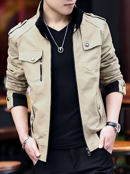 Men'S Solid Color Plaid Lining Cargo Jacket Autumn And Winter Multi-Pocket Design Stylish Long Sleeve Stand Collar Street Jacket Outdoor Coat Locomotive Jacket