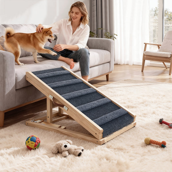 Dog Ramp for Bed Height Adjustable Folding Pet Ramp with Non-Slip Rug Surface Portable Wooden Dog Steps Stairs for Small Large Animals for Sofa Couch