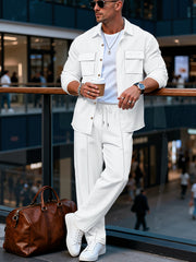 Spring And Autumn Men's Long Sleeved Pants with A Sense Of Luxury And Retro Temperament Featuring Lapel Pockets And Button Long Sleeved Jackets And Versatile Casual Pants Men's 2pcs Clothing Set