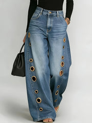 New Retro Style Denim Jeans for Women, with Metal Eyelets Designed for Casual And Loose Fit, High Waisted And Wide Leg Jeans, Street Cool Women'S Clothing, Black Retro Blue Light Blue Women'S Straight Leg Denim Pants