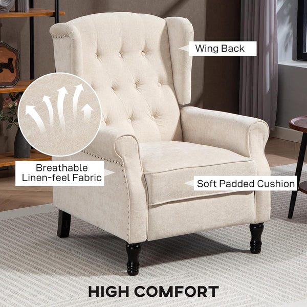 HOMCOM Recliner Armchair, Vintage Reclining Chair with Nail Head Trim, Wingback Chair with Button Tufted Back and Footrest, for Living Room, Beige