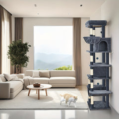 Cat Tree for Indoor Cats, 210cm Large Tall Cat Tower, Multi-Level Cats House with Condo, 8 Scratching Posts, Hammock, 4 Pom Poms