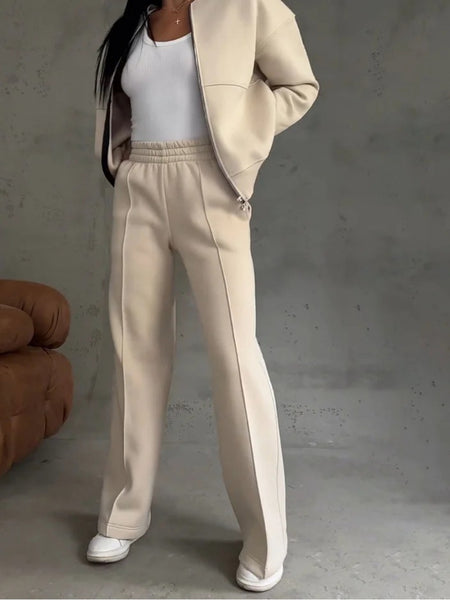 Women's Solid 2pcs Track Suit | 2025 Autumn Zipper Jacket + Wide-Leg Pants, Minimalist Solid Color Casual Matching Outfit for Daily/Street Wear