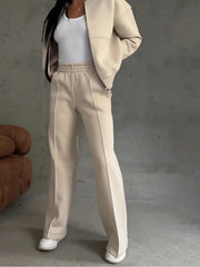 Women's Solid 2pcs Track Suit | 2025 Autumn Zipper Jacket + Wide-Leg Pants, Minimalist Solid Color Casual Matching Outfit for Daily/Street Wear