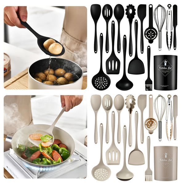 Set of Silicone Cooking Tools Including a Nonstick Spatula, Turner, And Spoon