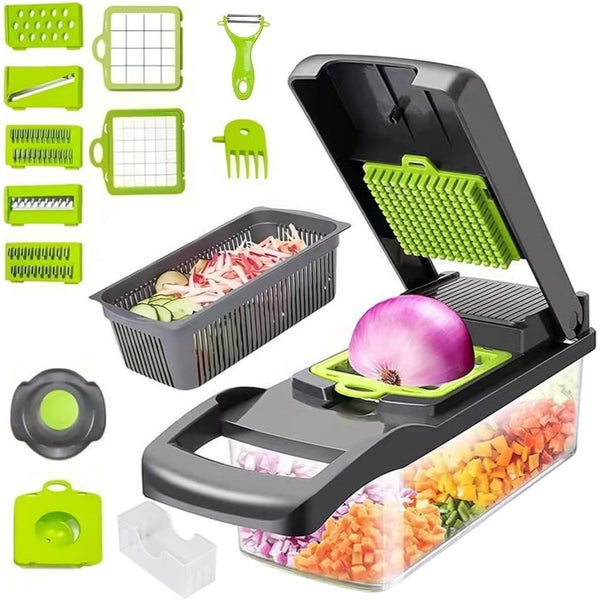 16 in 1 Vegetable Chopper, High-Performance Vegetable Food Cutter, Multifunctional Kitchen Mandoline Vegetable Veg Dicer with Stainless Steel Blades Peeler Hand Guard and Brushes, Salad Onion, Slicers and Vegetable Cutters, Cheese Grater, Dicing Machine,