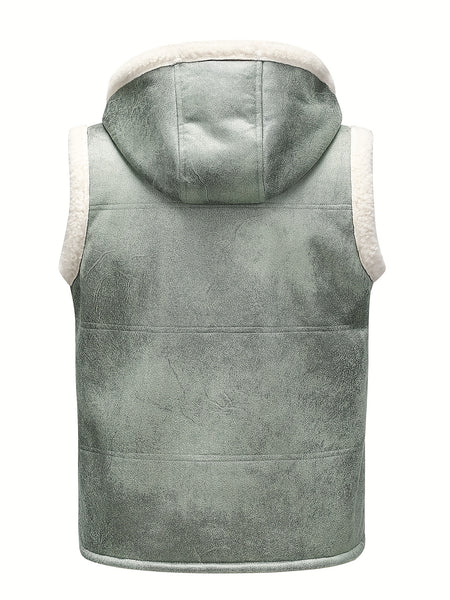 Men's Faux Fur-Lined Hooded Vest, Thickened and -Lined, Fashionable Windproof and Warm Outer Jacket for Men
