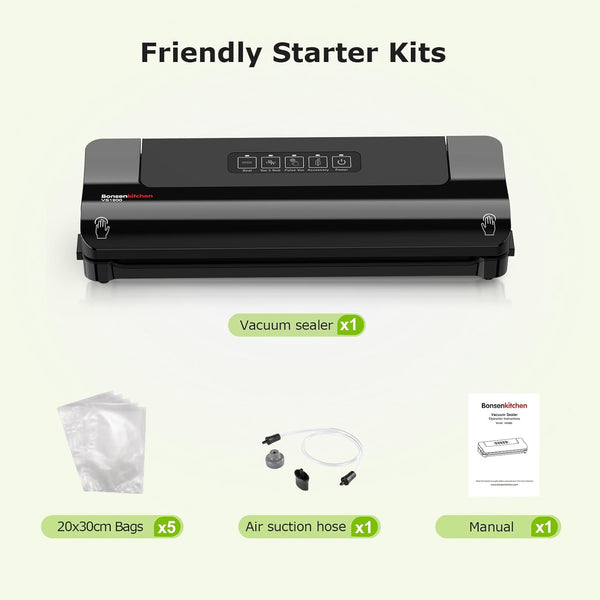 Bonsenkitchen Vacuum Sealer, Fast-Compact Vacuum Sealer Machine, High-Speed Continuous Working, Multi-Functional Food Vacuum Sealer with Vacuum Bags & Accessory Hose