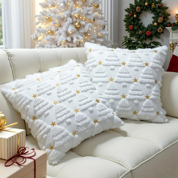 1/2pcs 3D White Christmas Tree Throw Pillow Cover - Quilted Plush Nordic Minimalist Luxury Decorative Cushion Cover with Zipper Closure, Soft Plush Fabric & 3D Tree Design for Sofa, Bed, Living Room - Machine Washable Winter Home Decor