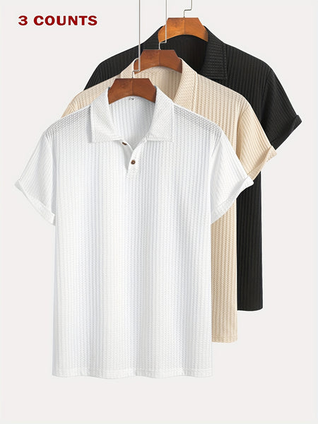 3pcs Set of Summer Casual Sporty Jacquard Knit Short-Sleeve Polo Shirts, 3pcs Jacquard Texture Short-Sleeve Polo Tops
