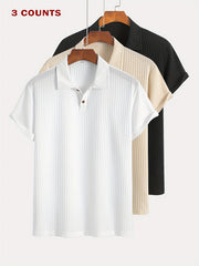 3pcs Set of Summer Casual Sporty Jacquard Knit Short-Sleeve Polo Shirts, 3pcs Jacquard Texture Short-Sleeve Polo Tops