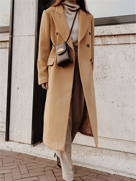 This Elegant Cream White Woolen Coat Features a Double-Breasted Design, Button Details, And a Slim Fit, Making It Perfect for Both Casual And Formal Events During The Fall And Winter Seasons.