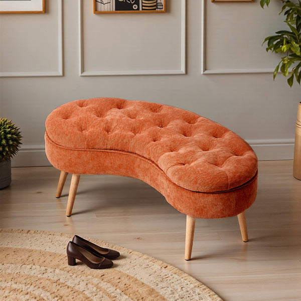 Modern Creative Curved Design Upholstered Storage Bench, Shoe Changing Bench At The Entrance, Living Room Sofa Bench, Bedside Bench in The Bedroom, Large-capacity Storage Long Bench with Natural Wood Legs, Suitable for Entrance, Living Room, and Bedroom,