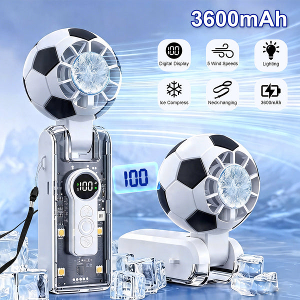 Portable Handheld Turbo Fan with Ice Cooler, 5-Speed Wind, Soccer-Shaped Mini Personal Fan, 3600Mah Football Rechargeable Pocket Fan for Travel/Outdoor/Office, 180° Adjustable