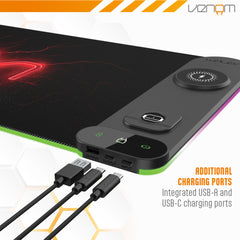 Venom RGB Gaming Desk Mat with Wireless Charging, USB-C & USB-A Ports, 800 x 300 mm Extended Mouse Pad for PC & Console Gaming