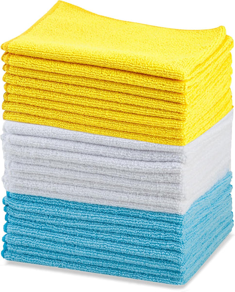 Amazon Basics Microfibre Cleaning Cloth, Pack of 24, Multi Colored, Blue, Orange & White, 40.5 Cm X 30.5 Cm
