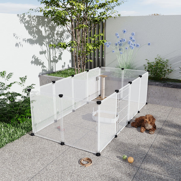 Transparent Plastic Dog Fence with Door Frame, 12-Panel Clear Plastic Dog Playpen with Door Frame, Modular Pet Fence System, Small/Medium Dog Pen with Convenient Access Gate for Indoor Use, Ideal for Home Indoor Use Like Living Room, Bedroom, 149x70x45cm