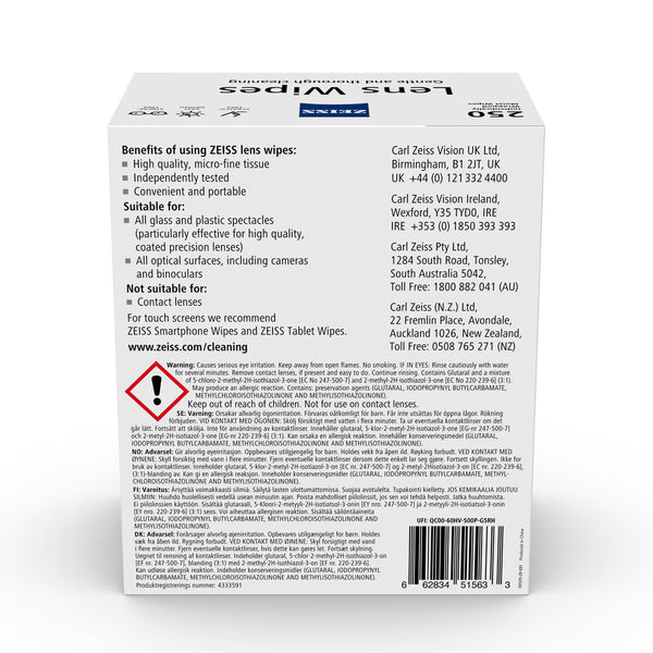 Zeiss Lens Cleaning Wipes, 250 Wipes