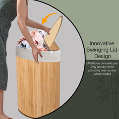 KNIGHT 57L Bamboo Laundry Hamper, Corner Laundry Basket with Swing Lid, Removable & Washable Lining, Easy to Assemble & Foldable Storage Bin,35x35x60 (Natural)