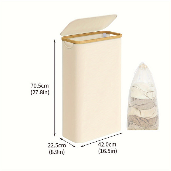 1pc 60L Slim Tall Laundry Hamper with Lid & Removable Bag - Collapsible Foldable Clothes Basket Suitable for Bedroom, Bathroom, Dorm - Modern Dirt- Clothes Bin with Bamboo Handle, Space-Saving Storage, Laundry Baskets