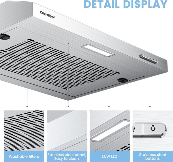 Midea COMFEE' 60 cm Visor Cooker Hood – Versatile LED Under Cabinet Hood, Wall-Mounted Extractor Fan Perfect for 600 mm Home Kitchens, Top Vented Stainless Steel Range Hood [Energy Class B]