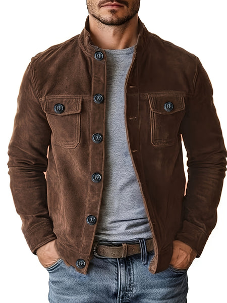 Men'S Casual Velvet Jacket with Pockets, Casual Long Sleeve Stand Collar Button-Up Coat