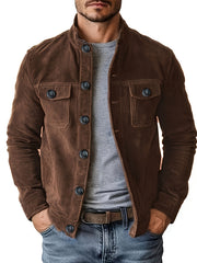 Men'S Casual Velvet Jacket with Pockets, Casual Long Sleeve Stand Collar Button-Up Coat