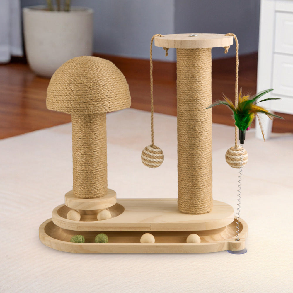 Solid Wood Cat Scratch Pole Cat Turntable, Cat Spring Teasing Stick, Cat Scratch Board, Durable and Wear-resistant Cat Toys, Sisal Cat Climbing Frame, Bell Ball, Oval Mushroom Turntable