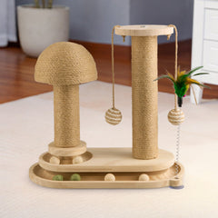 Solid Wood Cat Scratch Pole Cat Turntable, Cat Spring Teasing Stick, Cat Scratch Board, Durable and Wear-resistant Cat Toys, Sisal Cat Climbing Frame, Bell Ball, Oval Mushroom Turntable