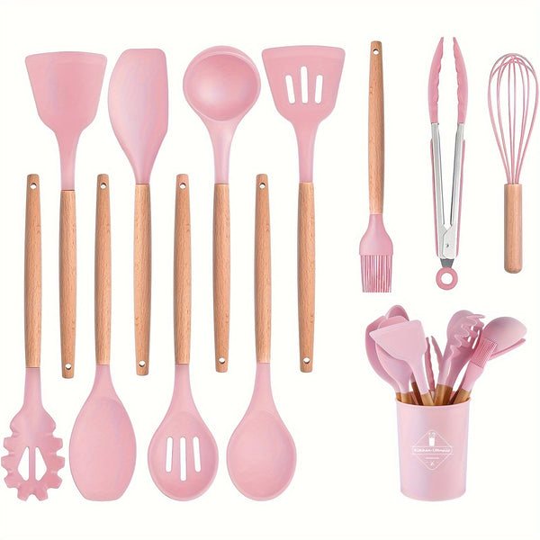 Silicone Kitchen Utensils Set with Holder 12pcs Cooking Utensils Set with Wooden Handle Heat Resistant Kitchen Gadgets Utensil Set Kitchen Additions