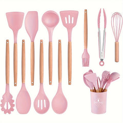 Silicone Kitchen Utensils Set with Holder 12pcs Cooking Utensils Set with Wooden Handle Heat Resistant Kitchen Gadgets Utensil Set Kitchen Additions